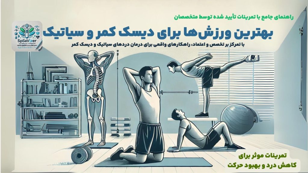 تصویر شاخص مقاله 'بهترین ورزشها برای دیسک کمر و سیاتیک' که شامل تمریناتی همچون کشش همسترینگ، تمرین پل و کشش عضله پیریفورمیس است. این تمرینات به کاهش درد و بهبود حرکت کمک میکنند.